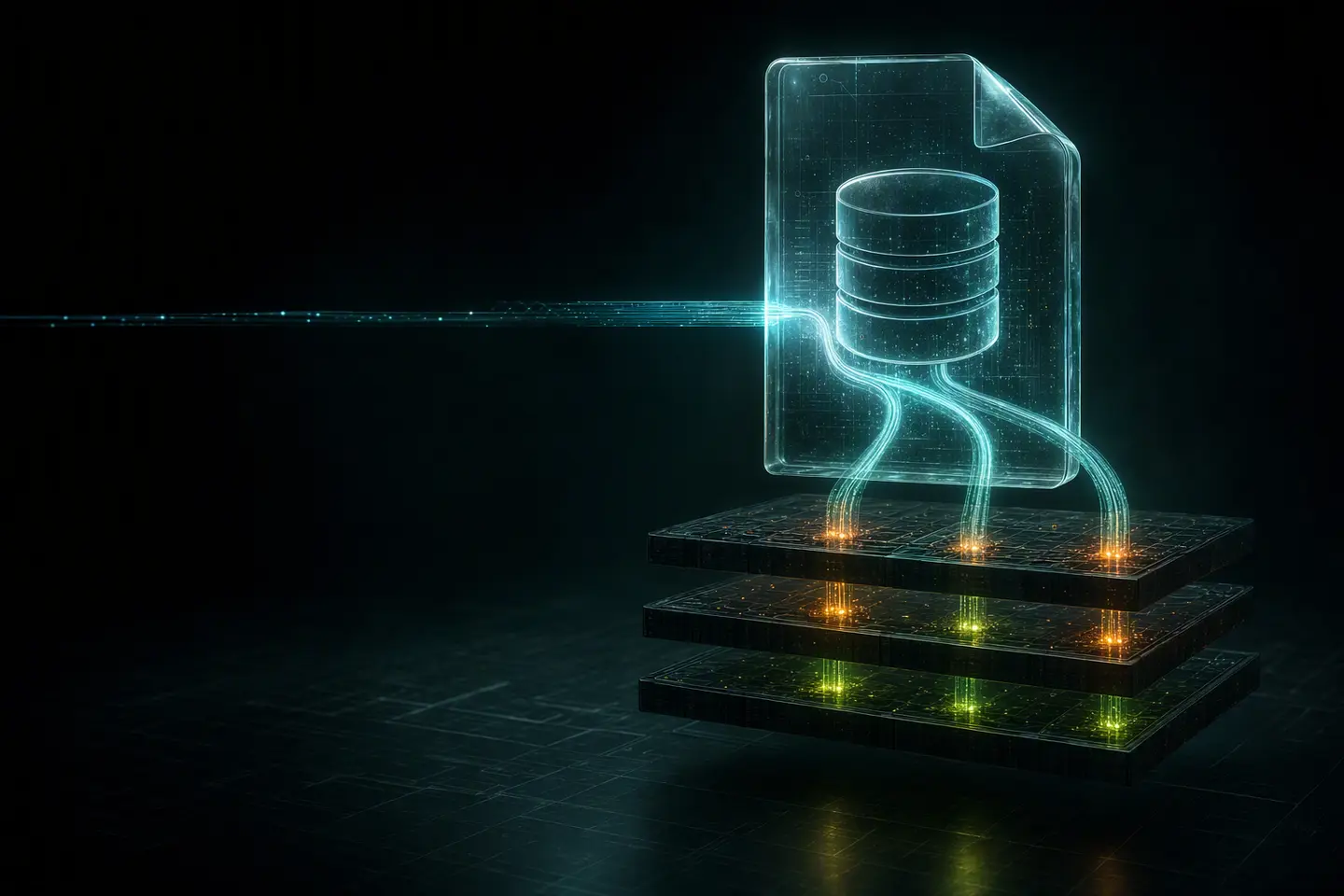 A cyan SQLite data page sends one query trace into three illuminated silicon test layers.